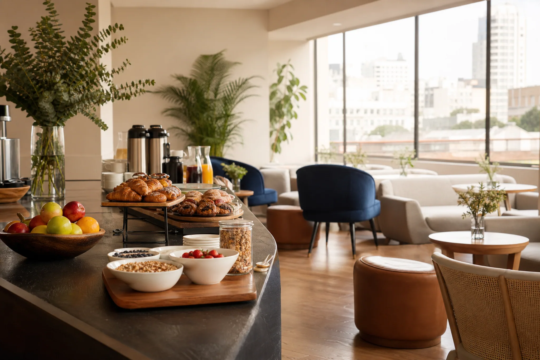 Breakfast buffet and lounge seating at The Alder House