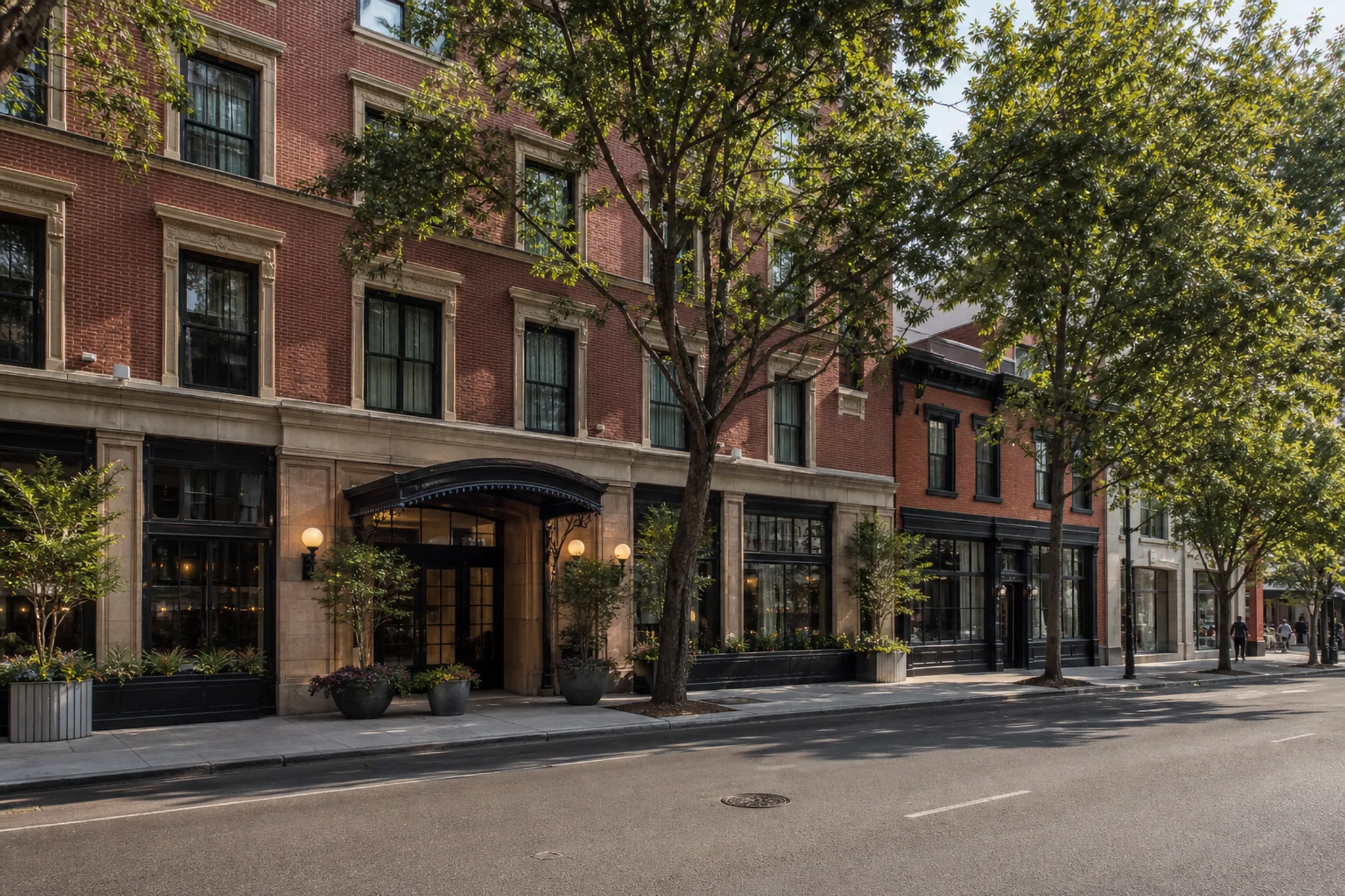 Brick city hotel exterior on the tree-lined Alder Street neighborhood