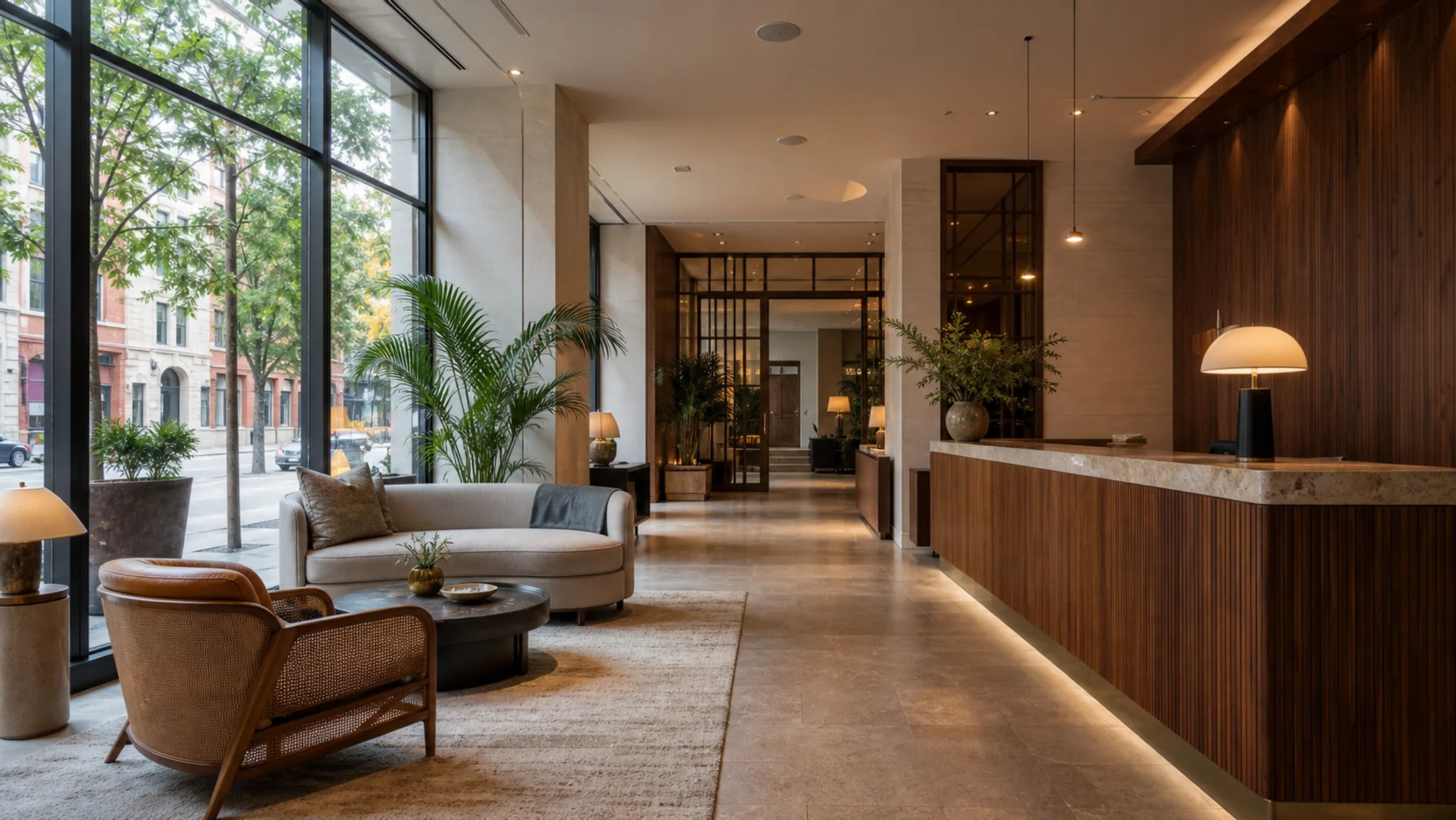 Warm wood reception and lounge at The Alder House