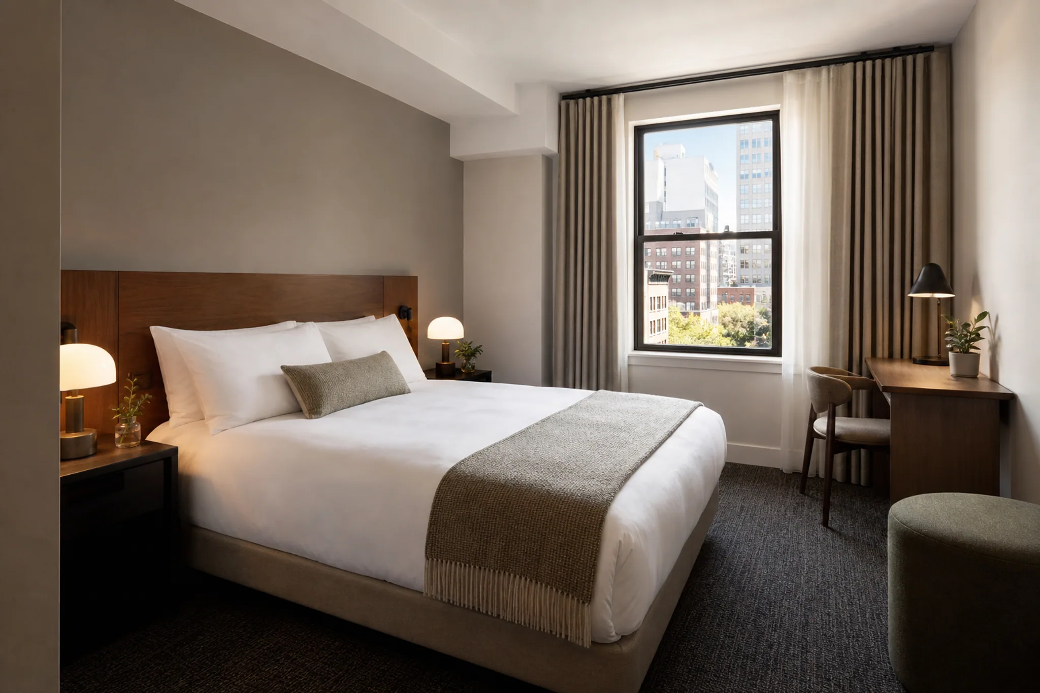 Classic Queen room with a queen bed, writing desk, and city-facing window