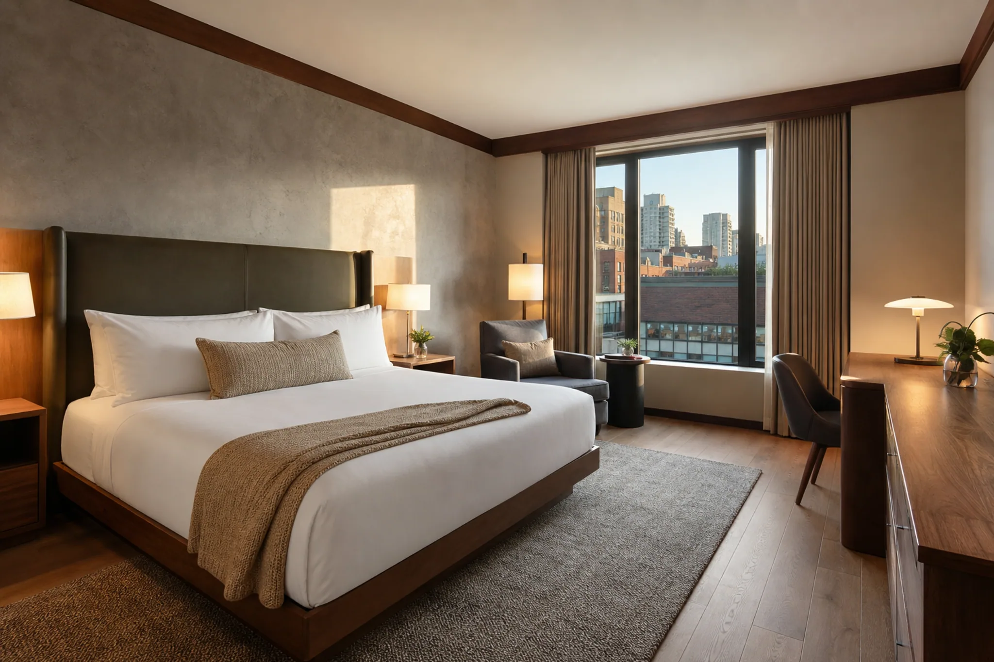 Deluxe King room with a king bed, lounge chair, desk, and skyline view